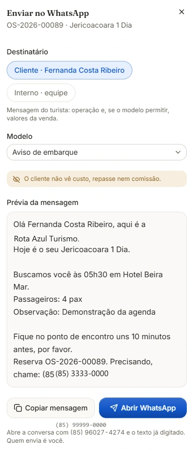 Mensagem de embarque no WhatsApp